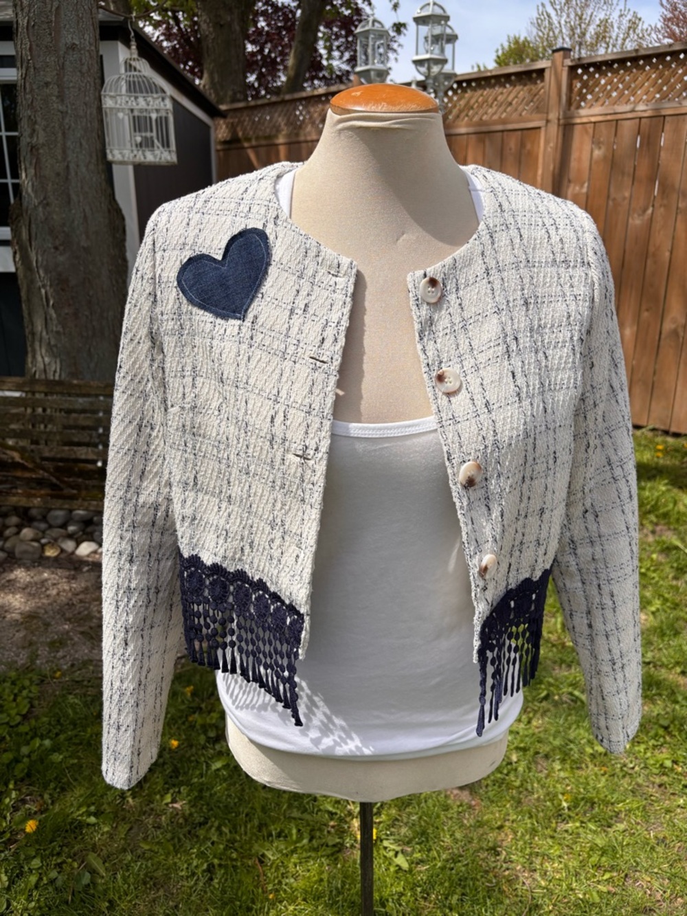OOAK Cropped Cream Tweed Jacket with Navy Heart Applique and Fringe